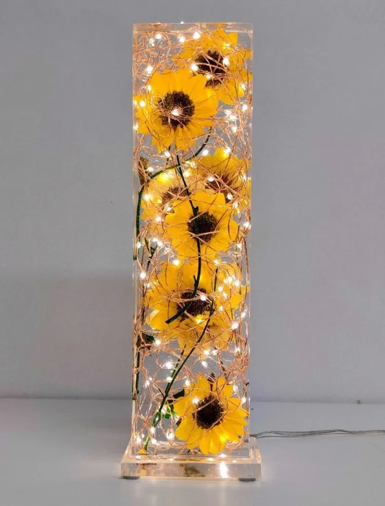diy fall lamp decoration with sunflowers and fairy lights