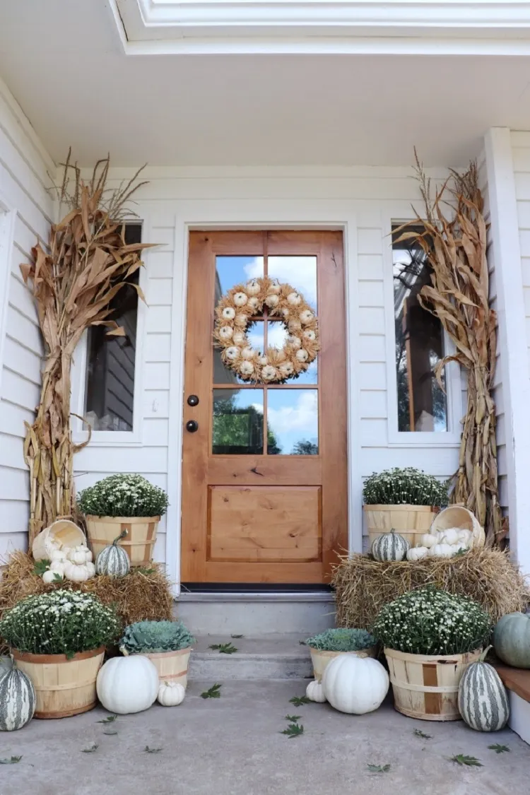 dried corn stalks artificial pumpkins potted mums rustic diy wreath fall front porch decor 2023