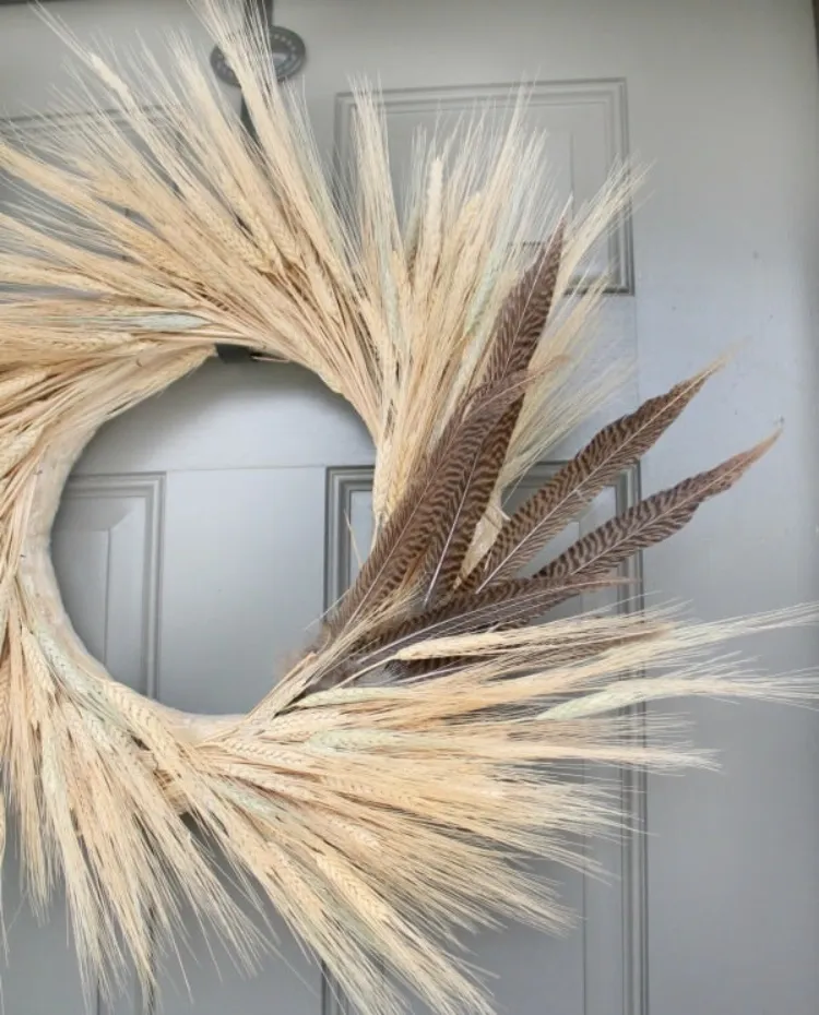 faux wheat and feathers fall wreath idea