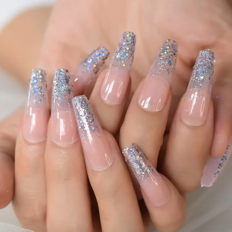french tip glitter nails coffin