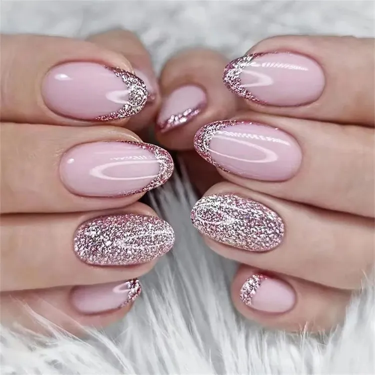 glitter french manicure almond