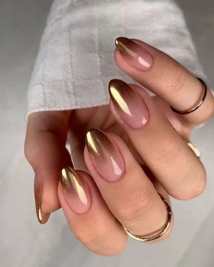 gold chrome ombre french tip fall manicure design 2023