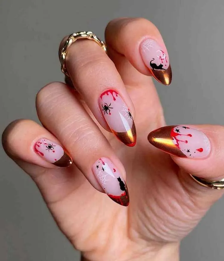 gold french tip halloween nails 2023 idea