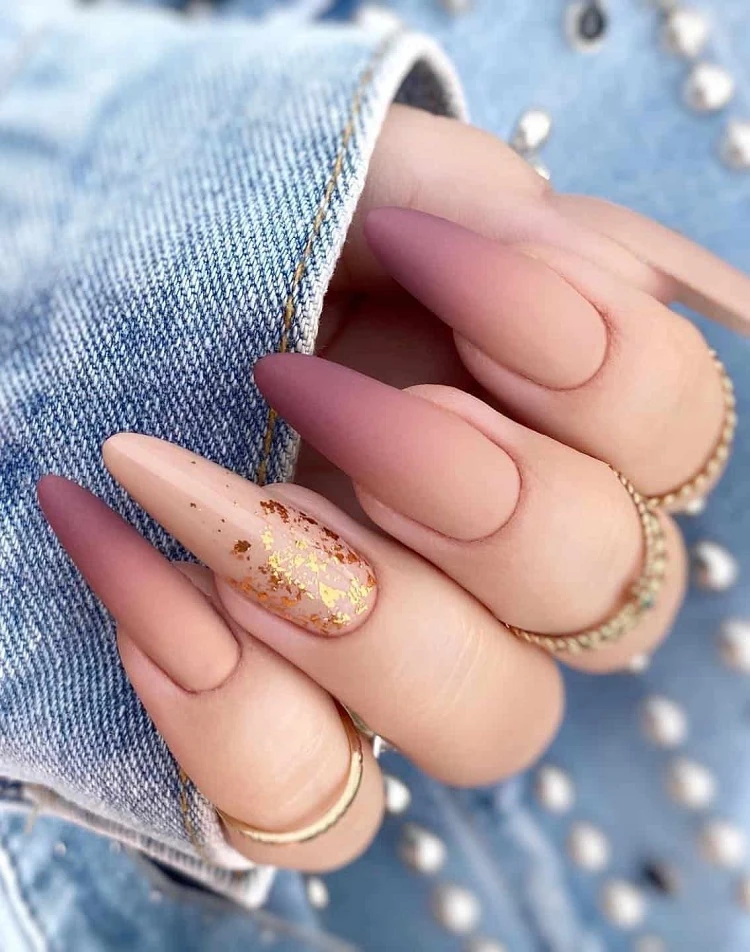 gorgous pink matte nails with gold flakes