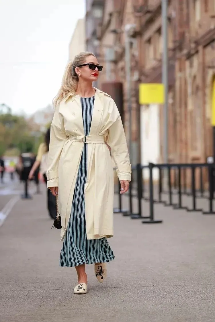 great fall outfit with trench coat and maxi dress