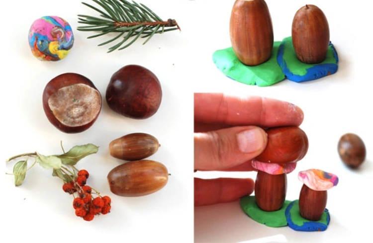 how to make mushrooms from chestnuts acorns and modeling clay