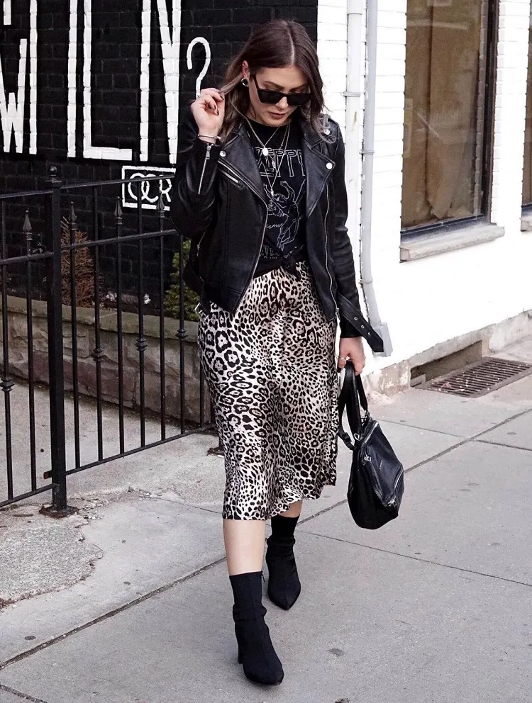 how to style leopard print skirt for women with a leather jacket