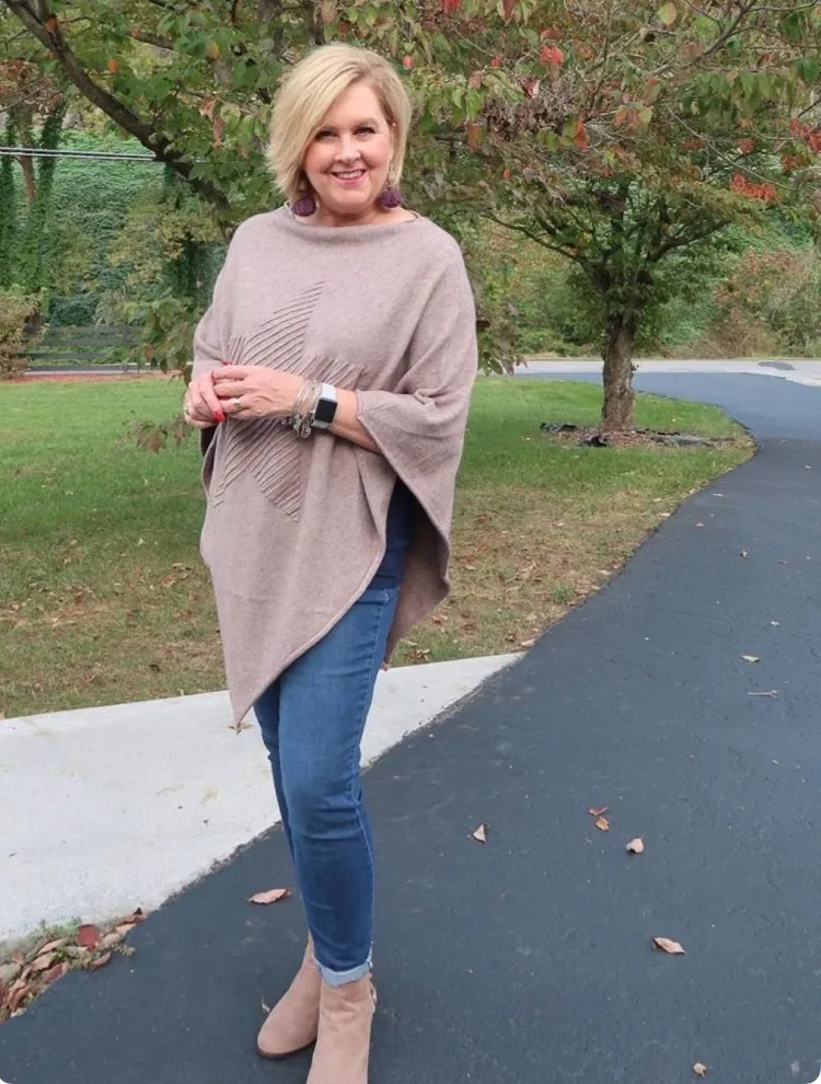 how to wear a poncho for women over 50 with jeans