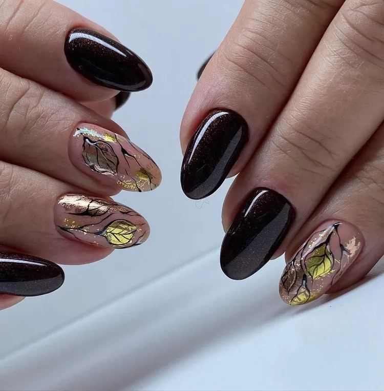 jet black manicure gold leafs fall nail design idea 2023