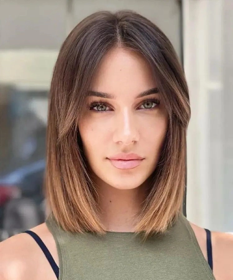 long curtain bangs with middle parted look and blunt cut hairstyles for shoulder length hair with bangs