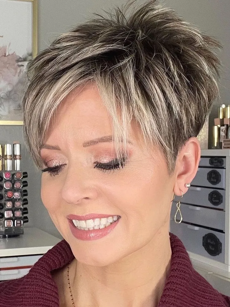 long pixie haircut for women over 60 with thinning hair and highlights
