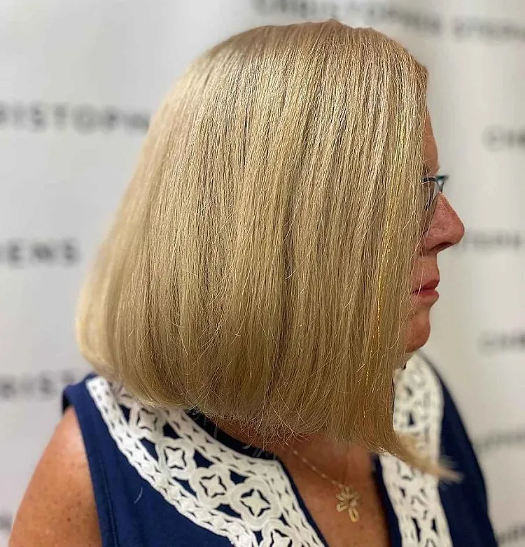 long stylish bob haircut for 60 year olds with glasses