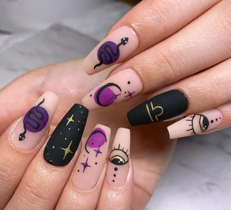 matte black purple symbolic decorations fall manicure libra nails 2023