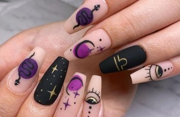 matte black purple symbolic decorations fall manicure libra nails 2023