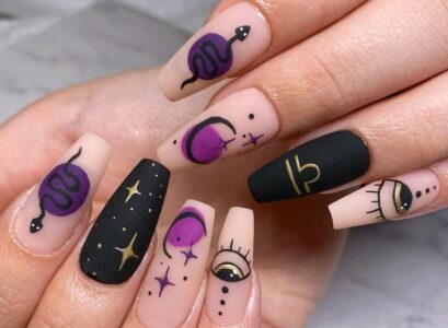 matte black purple symbolic decorations fall manicure libra nails 2023