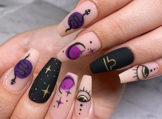 matte black purple symbolic decorations fall manicure libra nails 2023