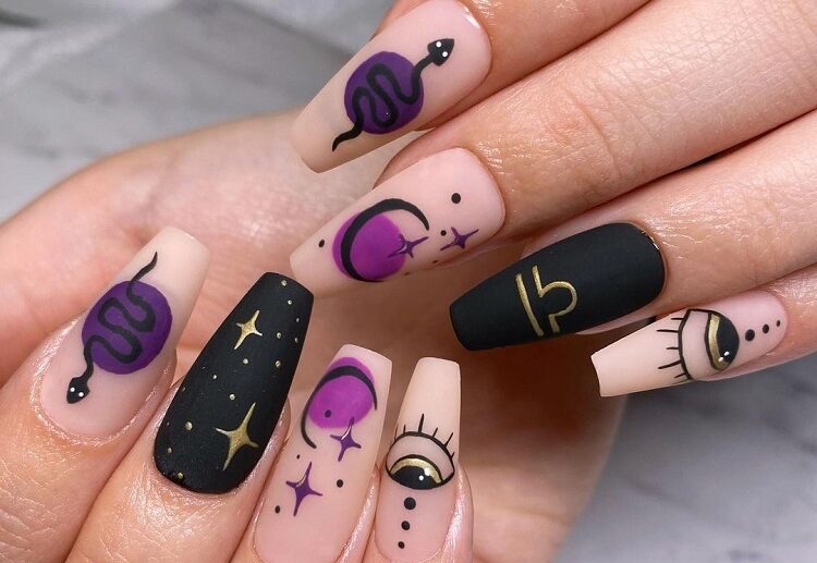 matte black purple symbolic decorations fall manicure libra nails 2023
