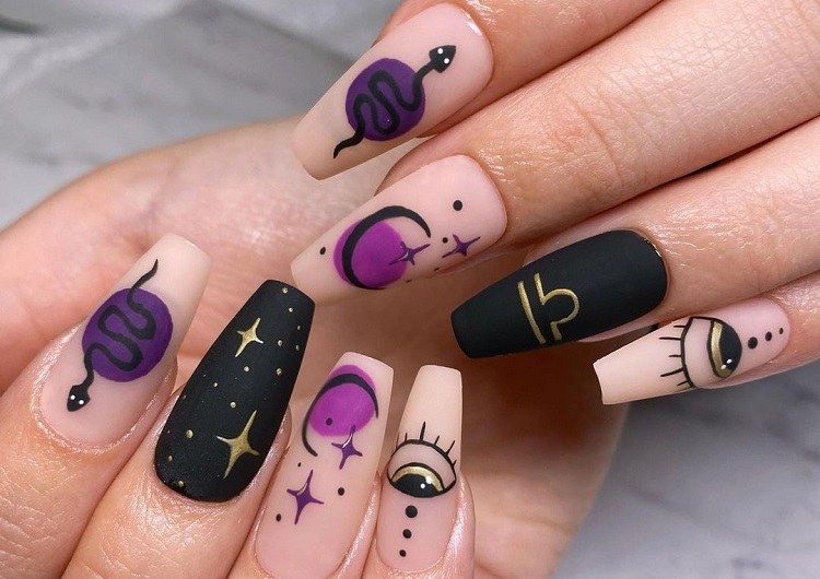 matte black purple symbolic decorations fall manicure libra nails 2023