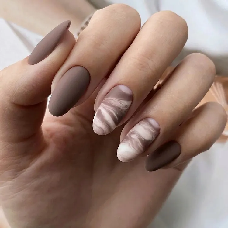 matte brown marble effect oval nails design fall 2023