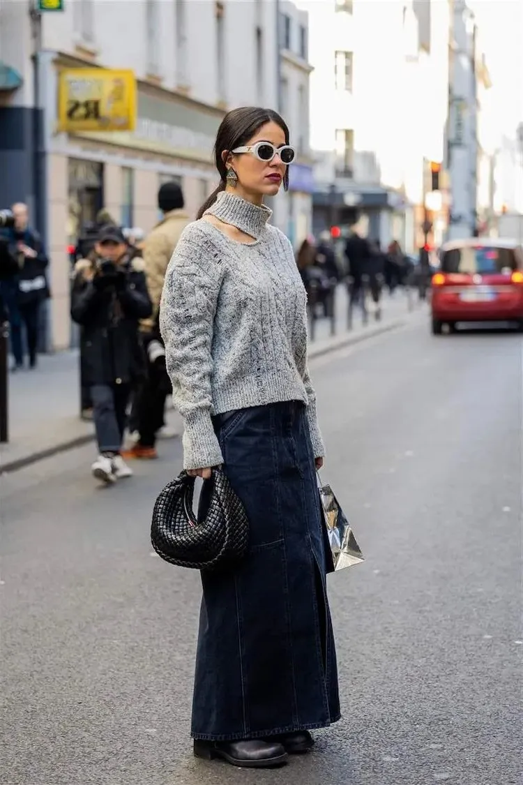 maxi denim skirt with sweater in fall 2023