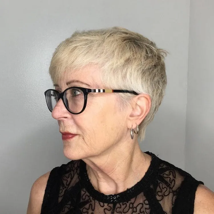 messy pixie haircut glasses short hairstyle women over 60