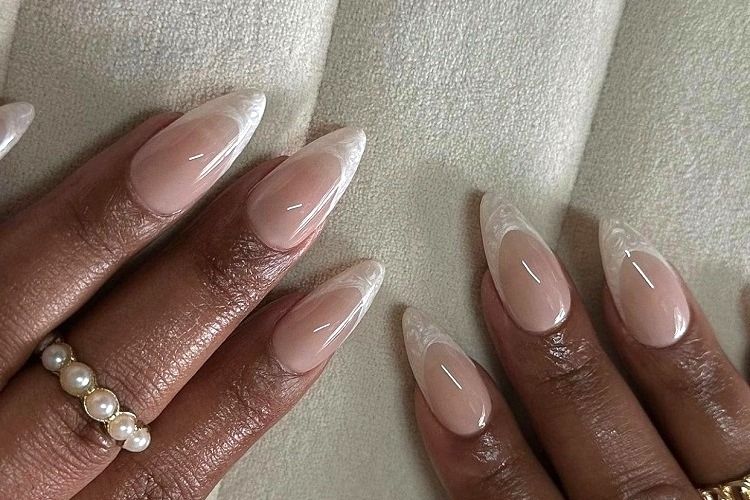 milky white french fade nails muted manicure almond shaped