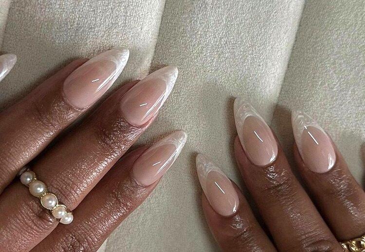 milky white french fade nails muted manicure almond shaped