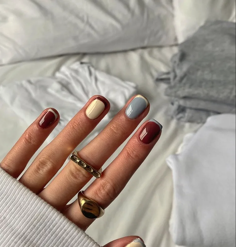 mismatched 3 color abstract french tip manicure simple fall nails 2023