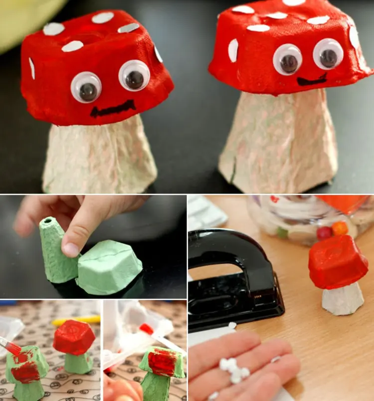 mushrooms with egg boxes and wiggly eyes for children easy crafts with egg cartons for autumn