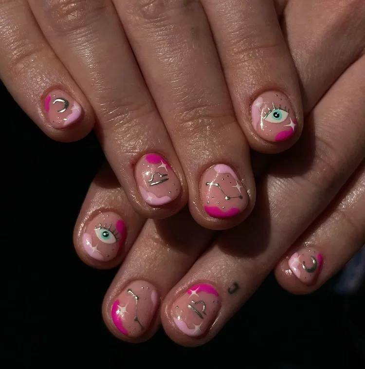 mystery manicure libra season celestial nails abstract pink french tips evil eye silver decorations