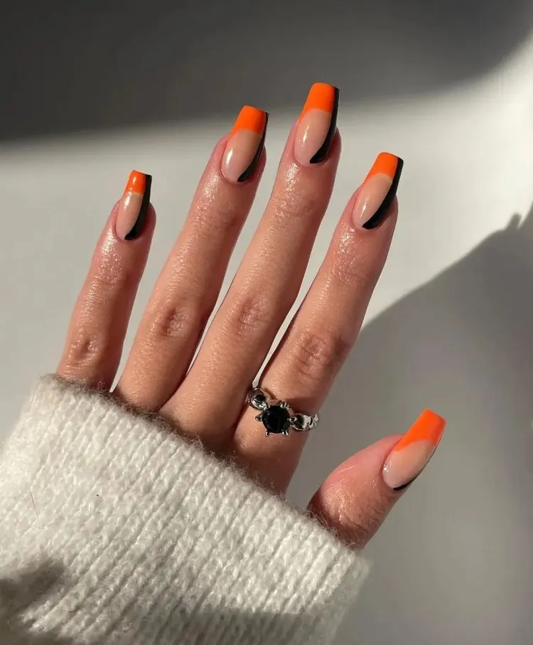 orange french tip coffin halloween nails
