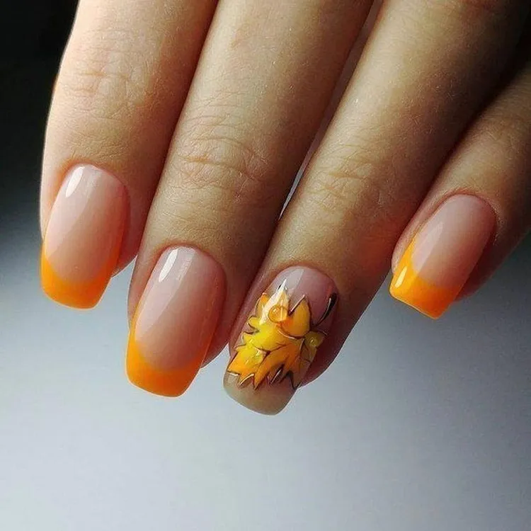 orange square shape french tips realistic autumn leaf decoration fall nail designs