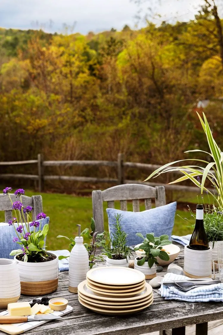 outdoor table decoration use potted herbs for a centerpiece