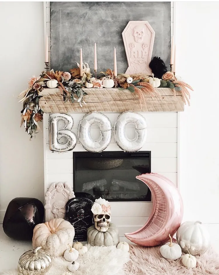 pastel goth halloween fireplace mantel decor idea 2023