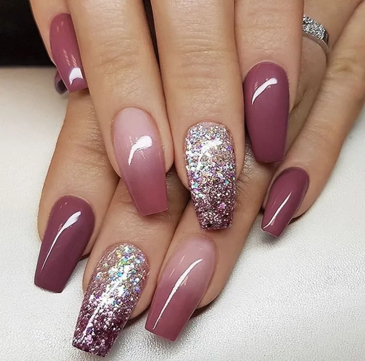 pink fall ombre nails with glitter