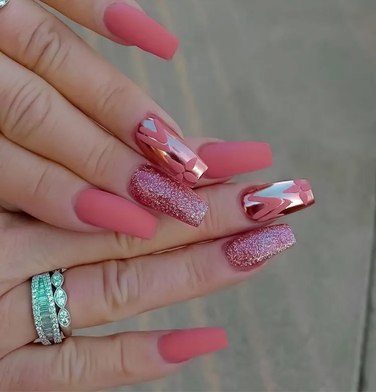 pink september nails with glitter
