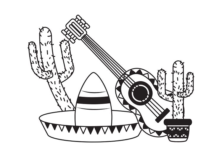 potted cactus sombrero spanish guitar kids coloring page celebrating latino hispanic culture