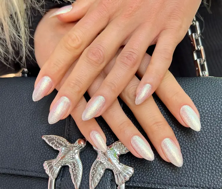 quiet luxury glazed donut glitter nails white almond shaped minimalistic manicure ideas