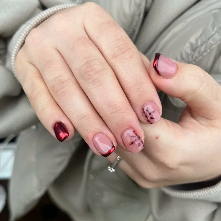 red chrome french tips fall nails design 2023