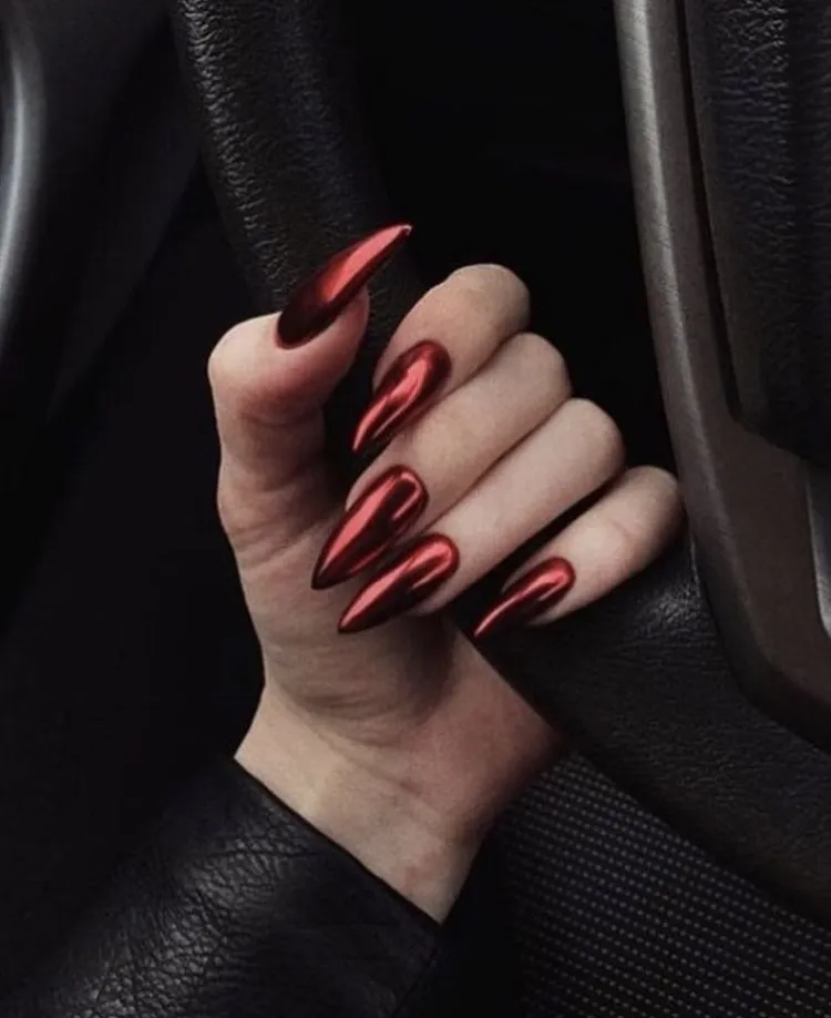 red chrome long stiletto nails fall 2023