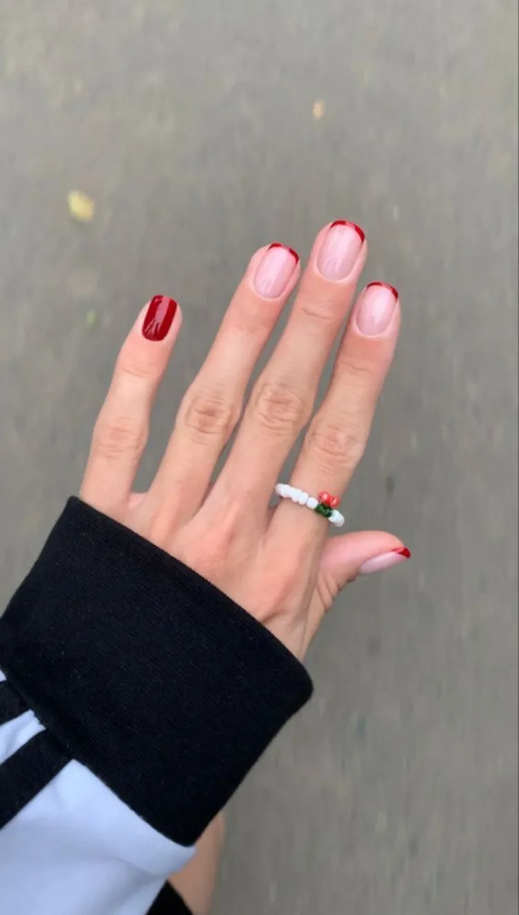 red micro french tips simple short fall manicure ideas