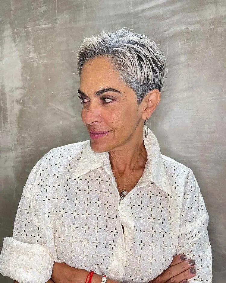 salt and pepper choppy pixie with fade wet look hairstyle women over 50