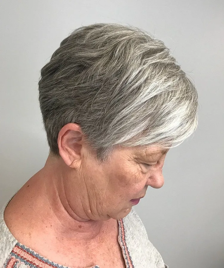 salt and pepper pixie haircut for women over 60 with thin hair wash and wear