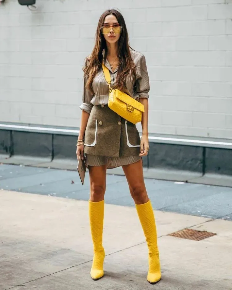 same color matching yellow knee high boots crossbody bag