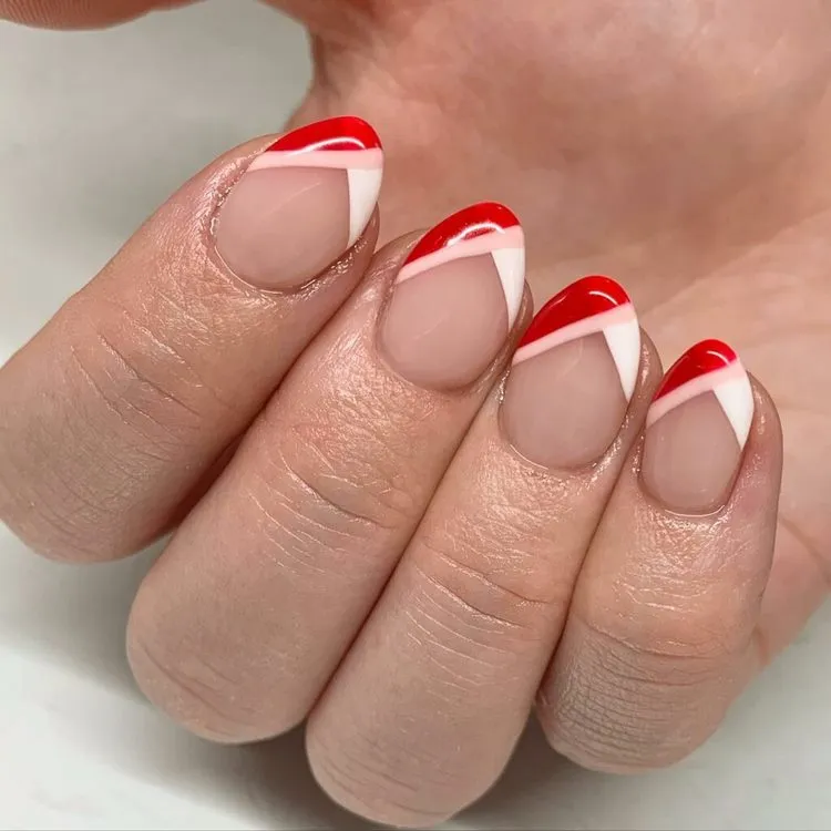 short nails ideas 2023 red and white french tip nails