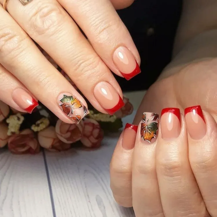 short square nails ideas fall 2023 french manicure with fall leaves