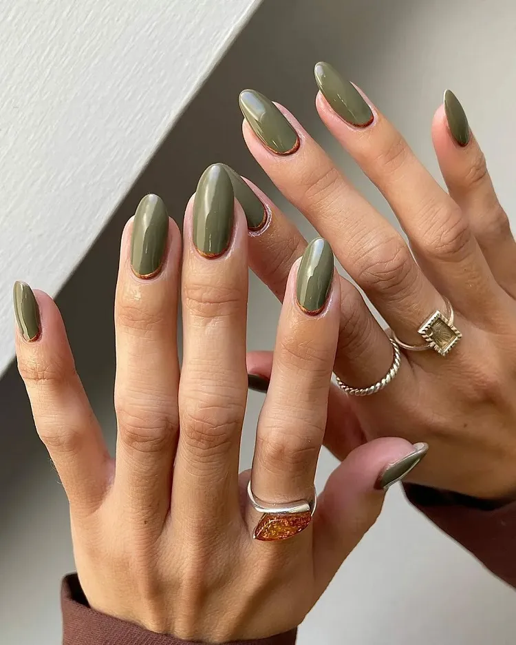 simple olive green fall nails micro reverse french manicure copper glitter