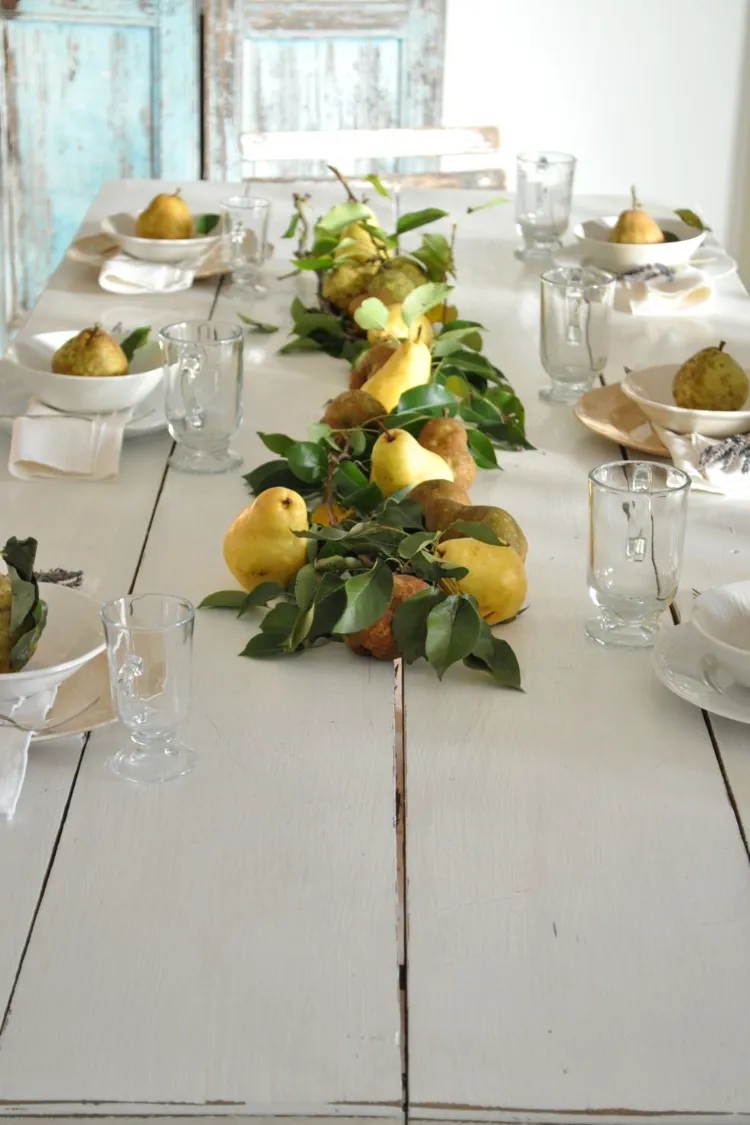 simple rustic fall table decoration with pears and leaves