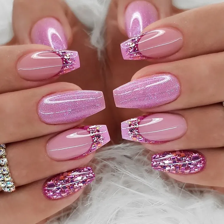 sparkly french manicure ideas pink barbie nails