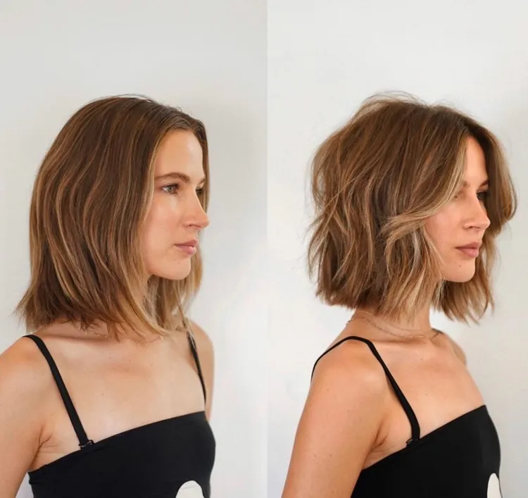 textured bob haircut with curtain bangs hide thinning hair